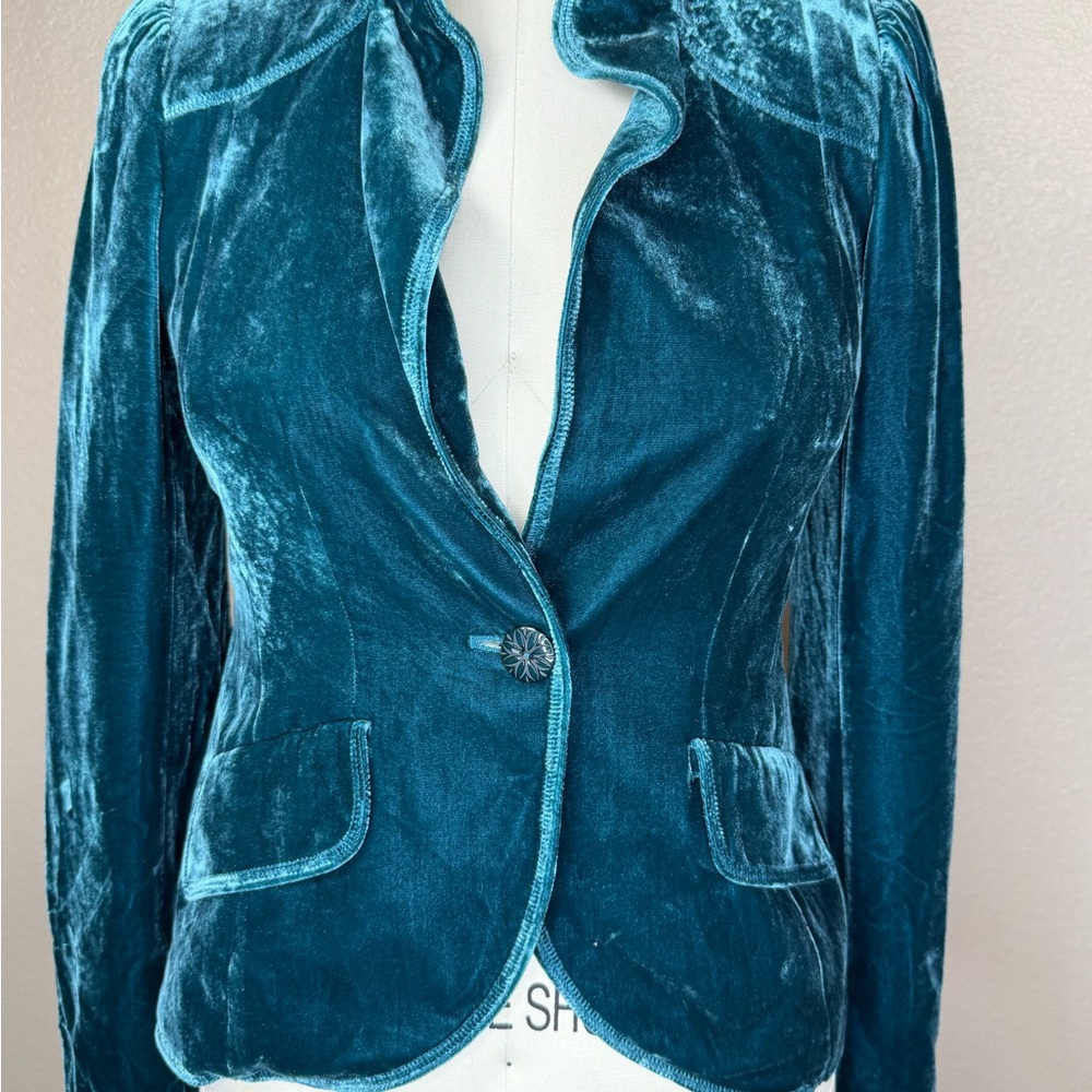 Laundry By Shelli Segal Teal Velvet Blazer Size 2 Designer Jacket